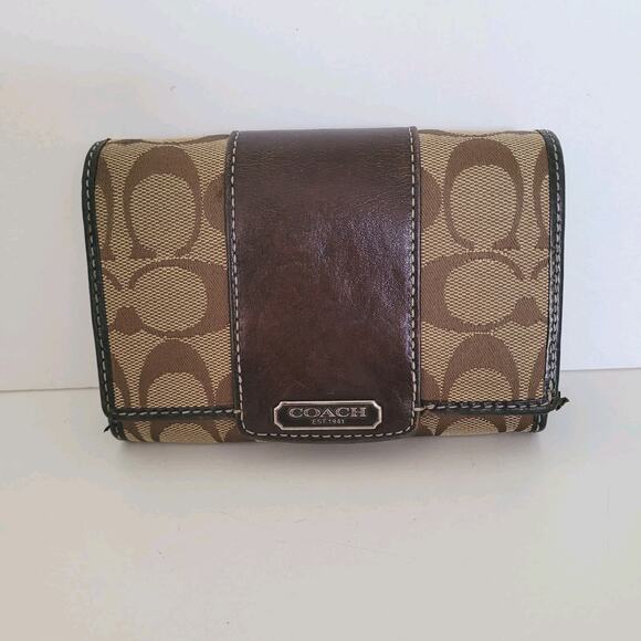 Coach Wallet Canvas Leather Brown Purple Designer Medium Bifold Logo - Picture 1 of 14